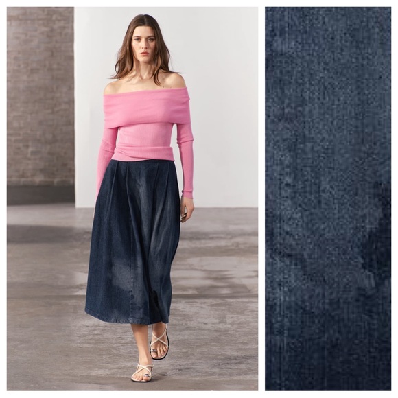 NWT. Zara ZW Collection Blue Laser Print Denim Midi Skirt. Size M. - Picture 1 of 14